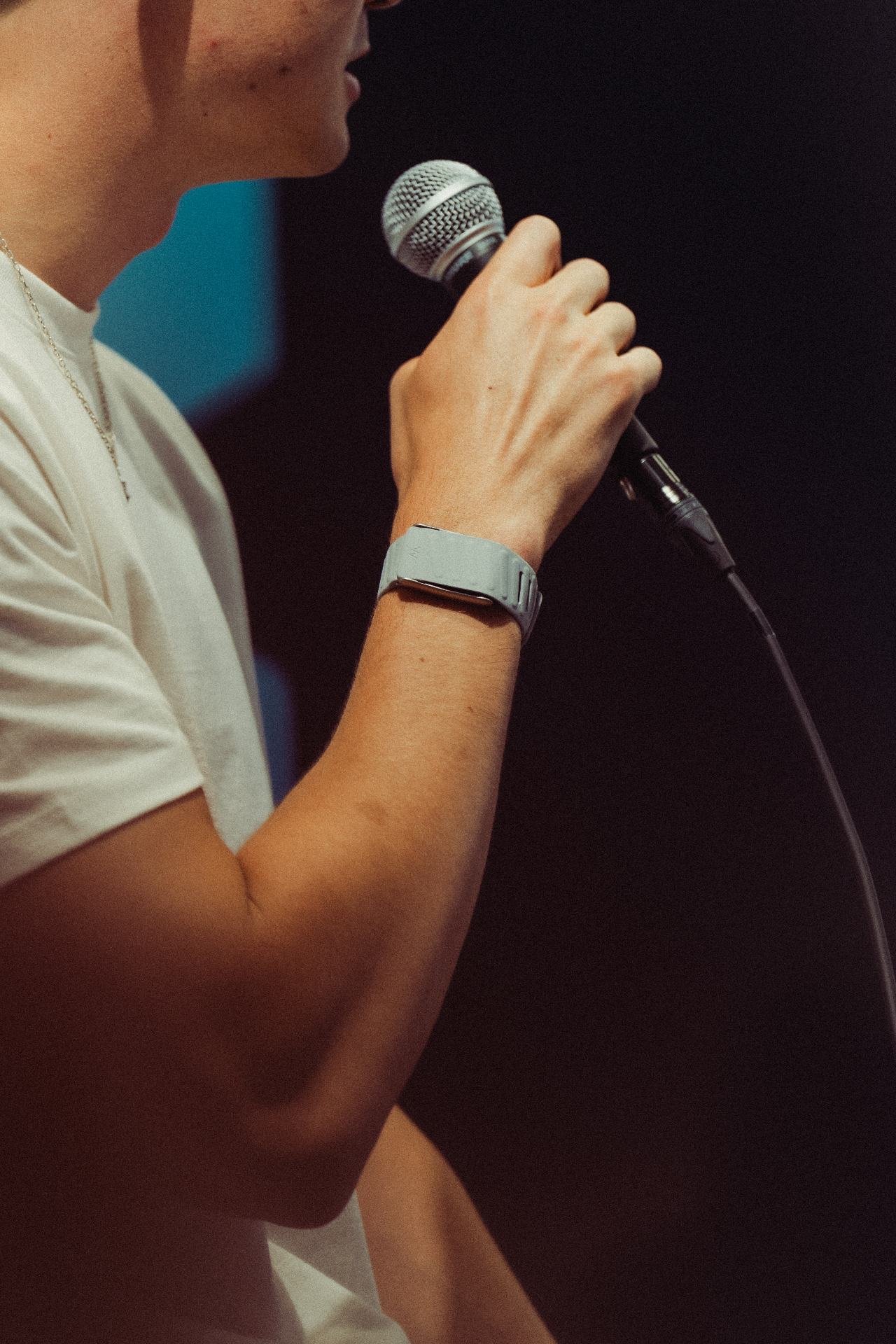 Dominic at the mic - hand and headphones